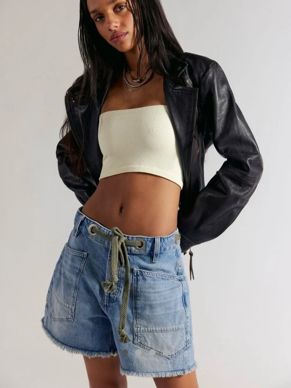 We The Free Light Wash Moxie Barrel Shorts with Olive Drawstring Waist - Picture 4 of 4